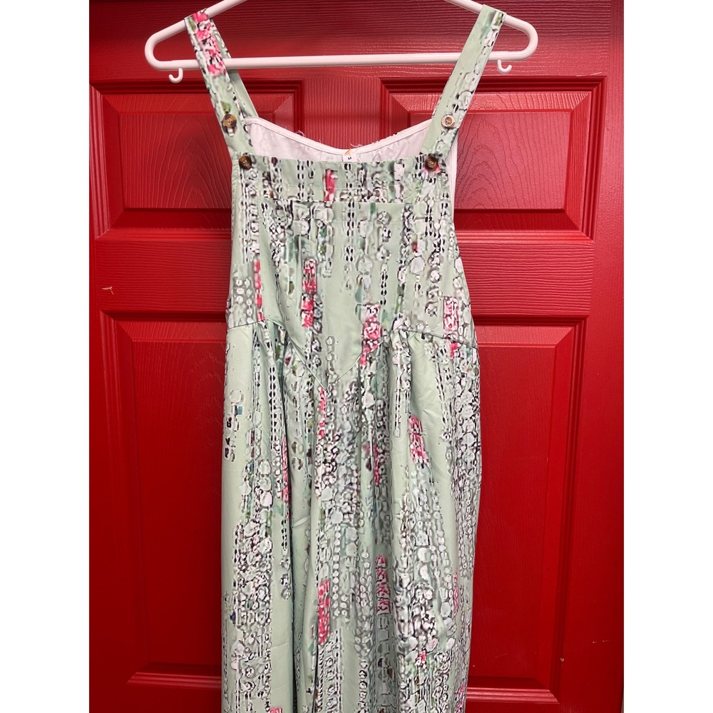Sage Green Abstract Print Wide Leg Overall Jumpsuit Medium Pink Floral Accents
